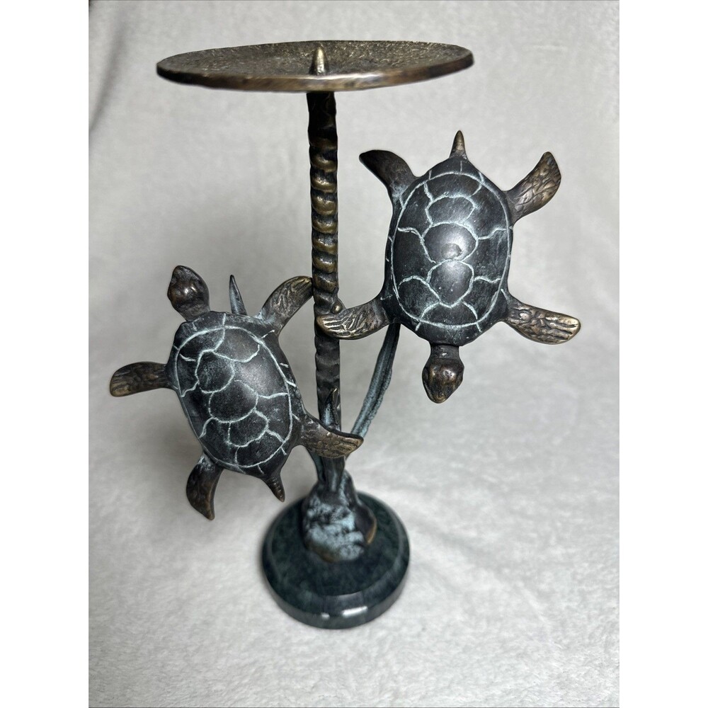 SPI San Pacific Intl. Brass Sea Turtle Pair Sculpture Candle Holder 9.25” Tall